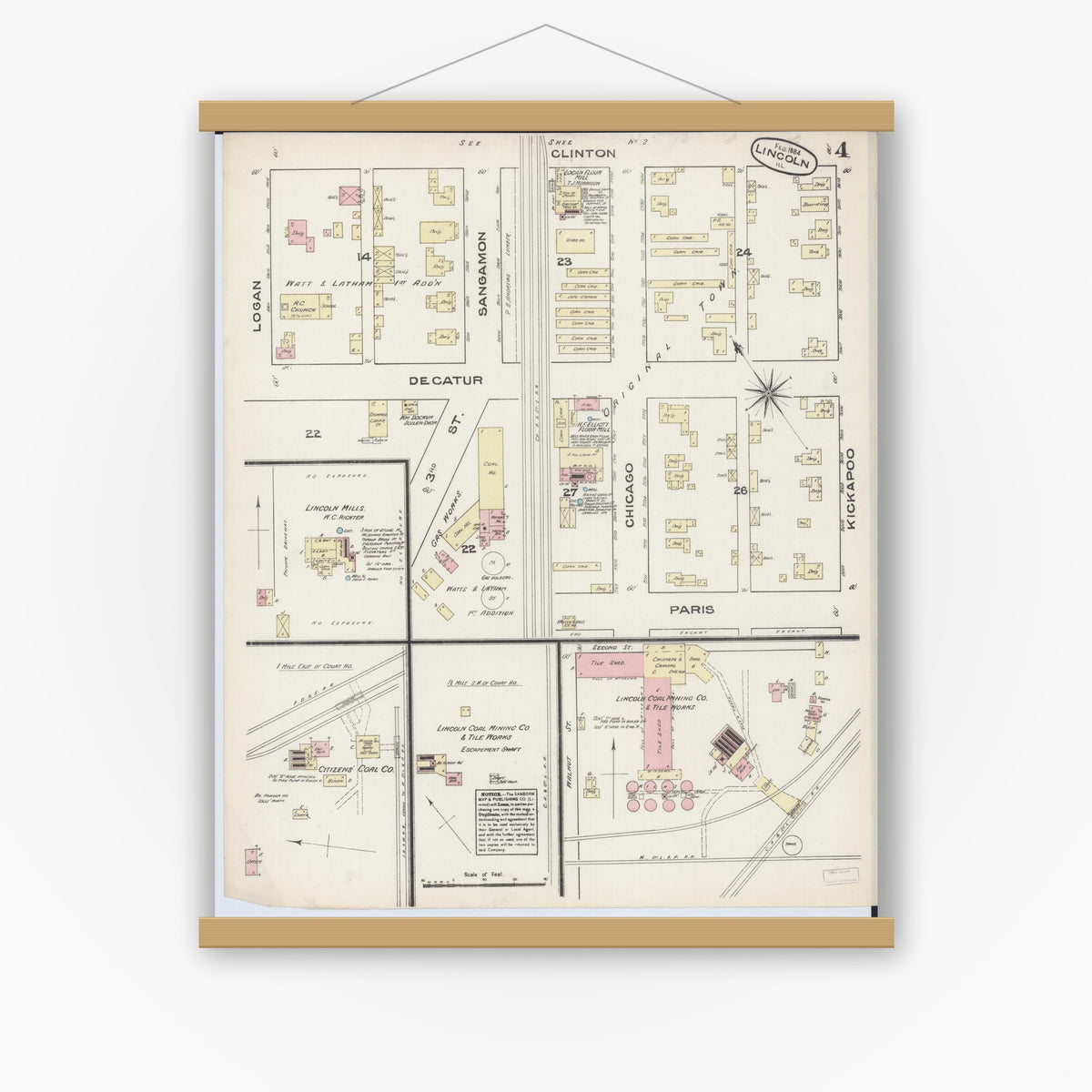 Old map wall art mockup — magnetic wood frame on white wall — Sanborn Fire Insurance Map from Lincoln, Logan County, Illinois (1884), Sheet #0004