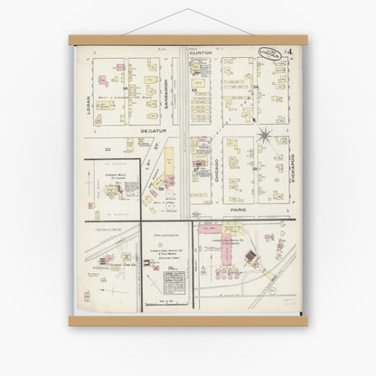 Old map wall art mockup — magnetic wood frame on white wall — Sanborn Fire Insurance Map from Lincoln, Logan County, Illinois (1884), Sheet #0004