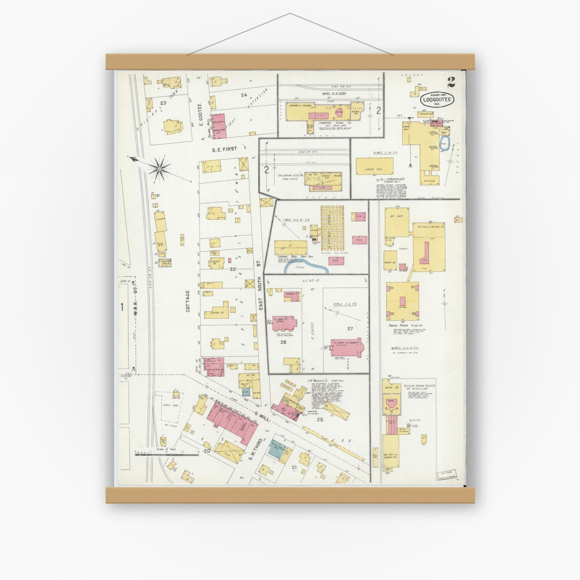 Old map wall art mockup — magnetic wood frame on white wall — Sanborn Fire Insurance Map from Loogootee, Martin County, Indiana (1902), Sheet #0002