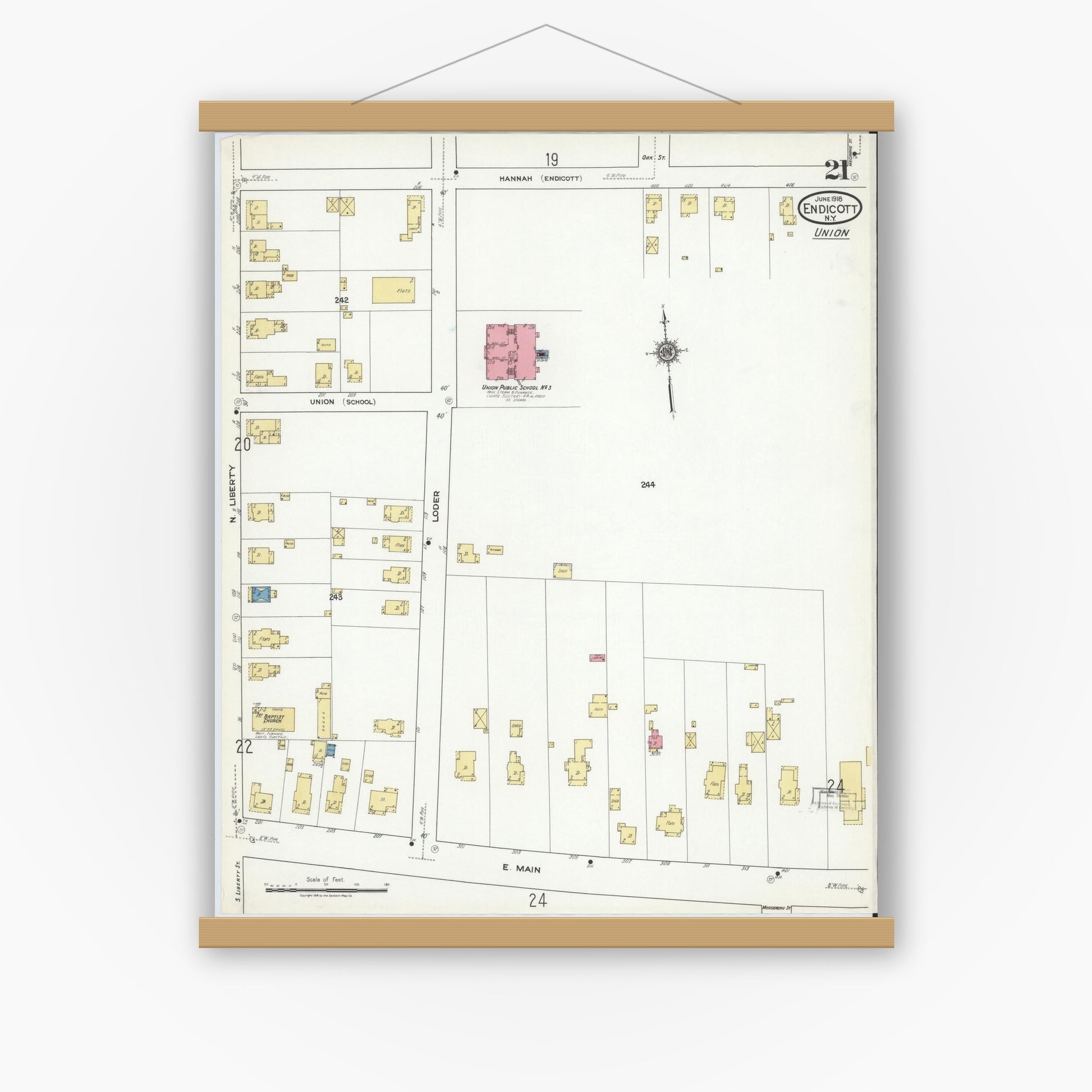 Old map wall art mockup — magnetic wood frame on white wall — Sanborn Fire Insurance Map from Endicott, Broome County, New York (1918), Sheet #0021