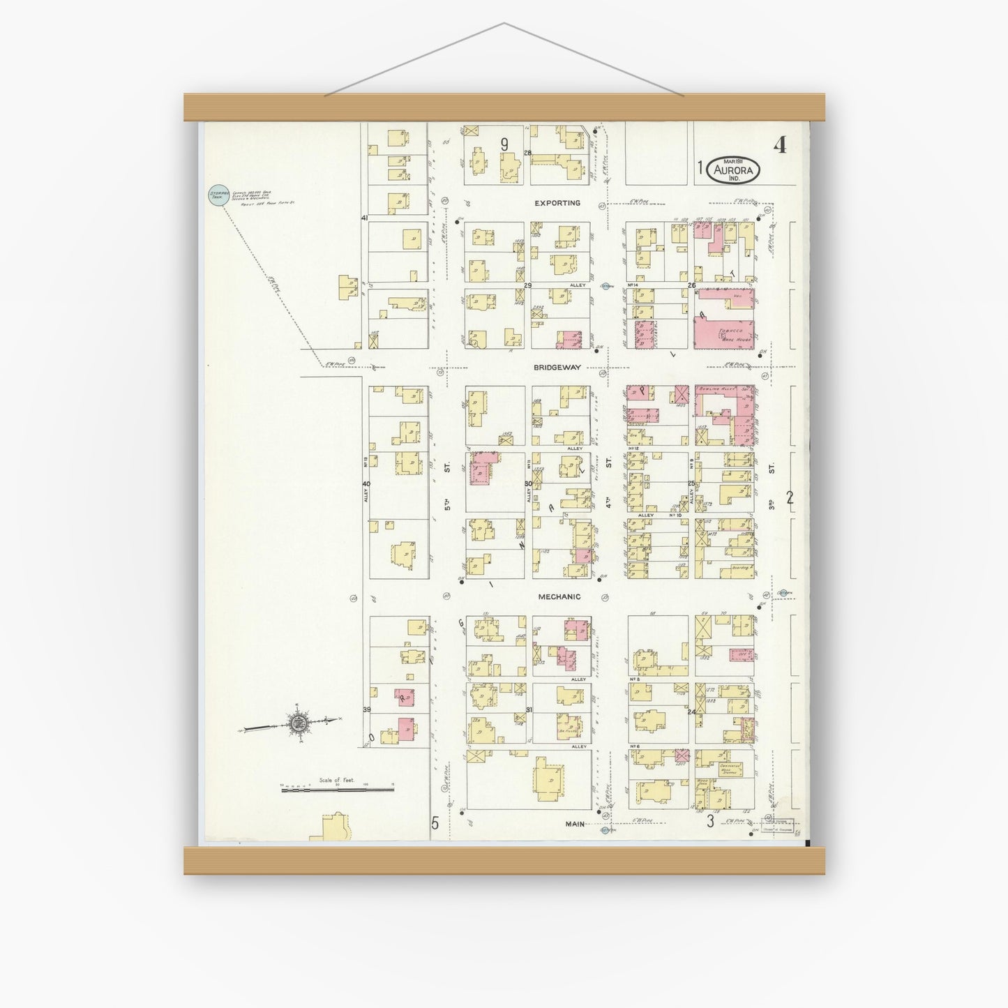 Old map wall art mockup — magnetic wood frame on white wall — Sanborn Fire Insurance Map from Aurora, Dearborn County, Indiana (1911), Sheet #0004