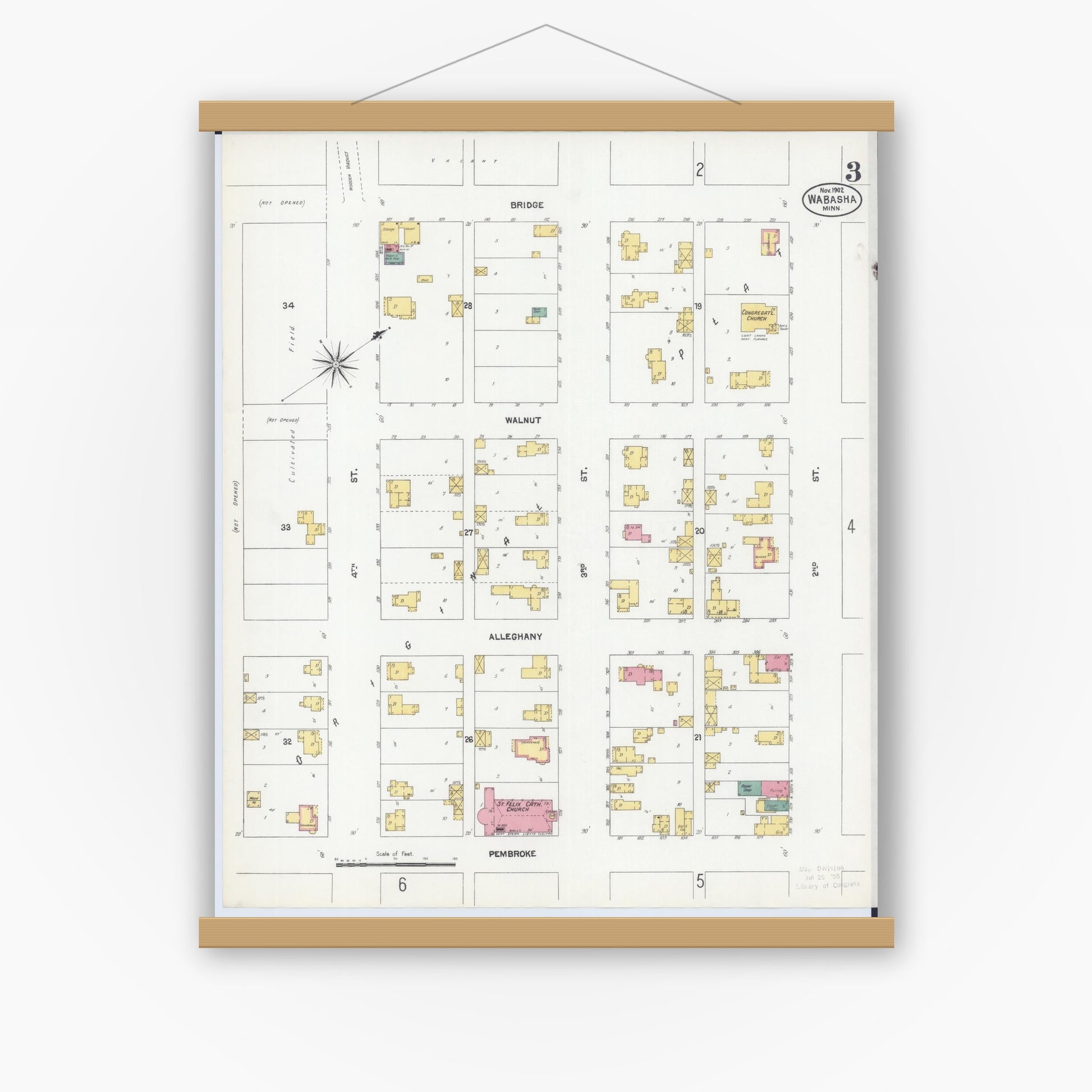 Old map wall art mockup — magnetic wood frame on white wall — Sanborn Fire Insurance Map from Wabasha, Wabasha County, Minnesota (1902), Sheet #0003
