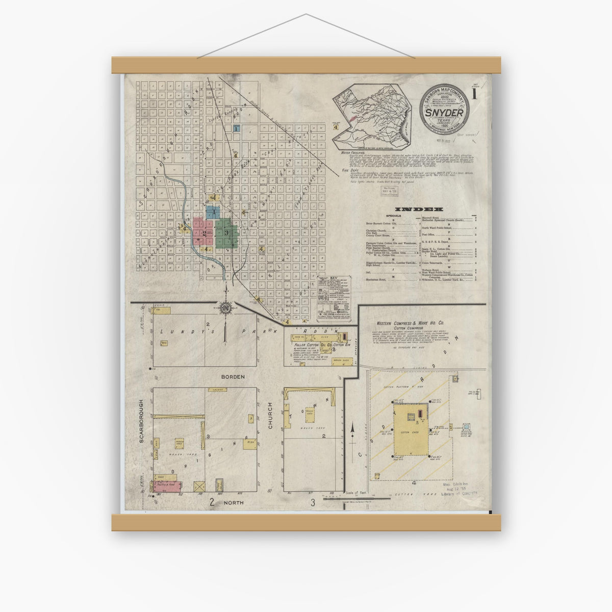 Old map wall art mockup — magnetic wood frame on white wall — Sanborn Fire Insurance Map from Snyder, Scurry County, Texas (1920), Sheet #0001