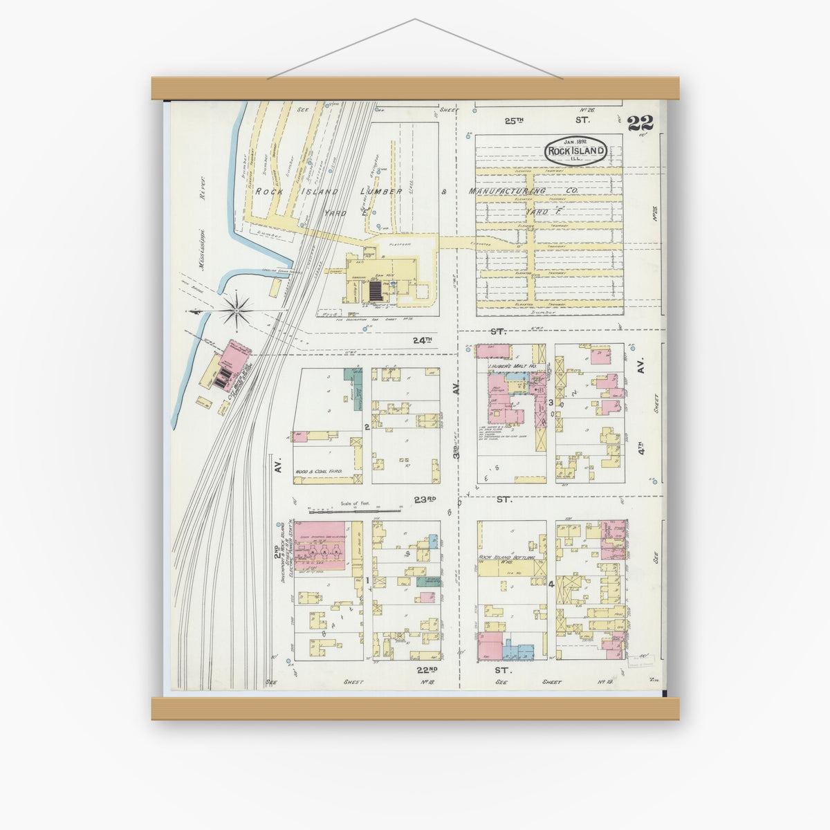 Old map wall art mockup — magnetic wood frame on white wall — Sanborn Fire Insurance Map from Rock Island, Rock Island County, Illinois (1892), Sheet #0022