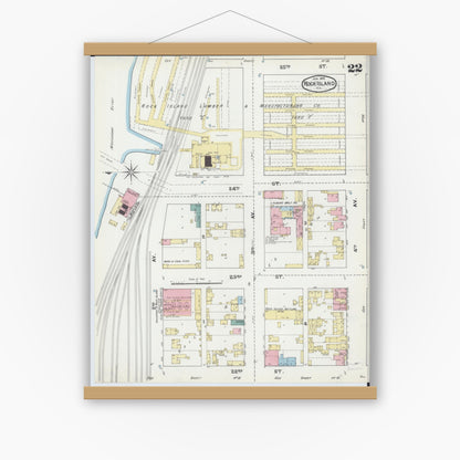 Old map wall art mockup — magnetic wood frame on white wall — Sanborn Fire Insurance Map from Rock Island, Rock Island County, Illinois (1892), Sheet #0022