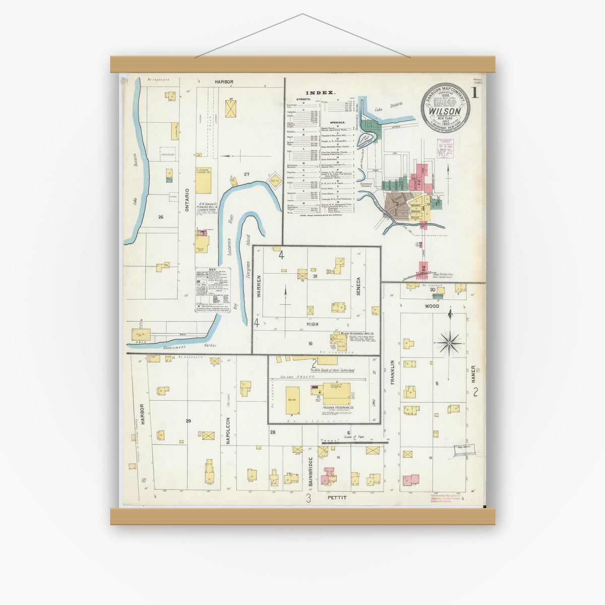 Old map wall art mockup — magnetic wood frame on white wall — Sanborn Fire Insurance Map from Wilson, Niagara County, New York (1903), Sheet #0001