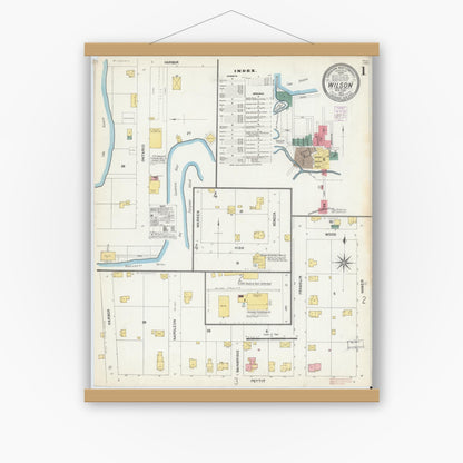 Old map wall art mockup — magnetic wood frame on white wall — Sanborn Fire Insurance Map from Wilson, Niagara County, New York (1903), Sheet #0001
