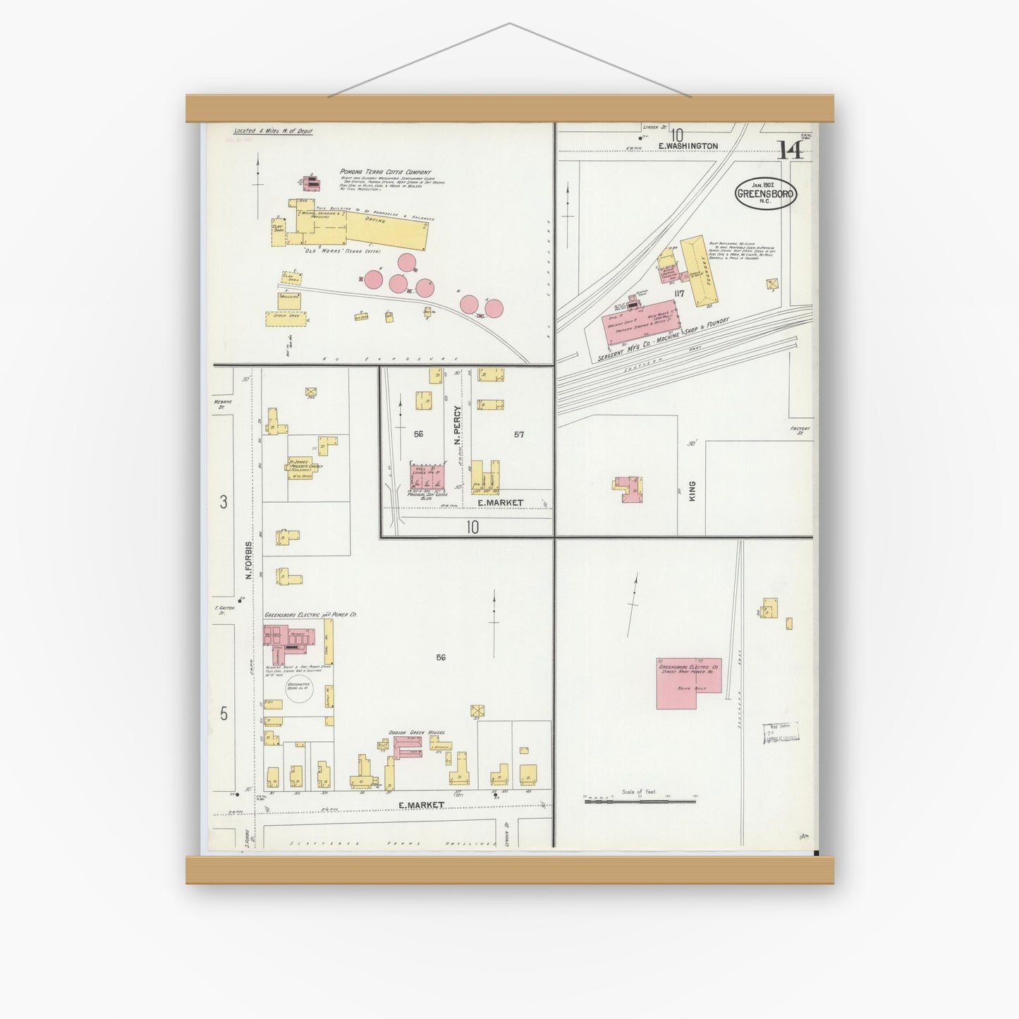 Old map wall art mockup — magnetic wood frame on white wall — Sanborn Fire Insurance Map from Greensboro, Guilford County, North Carolina (1902), Sheet #0014