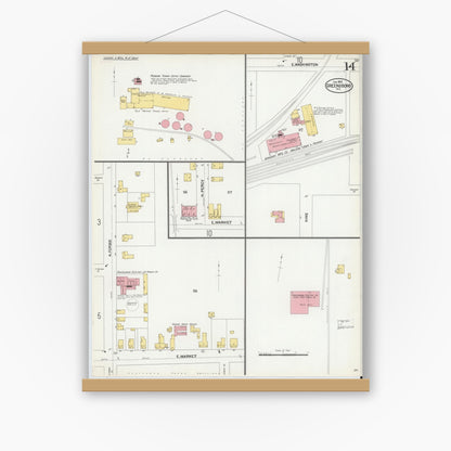 Old map wall art mockup — magnetic wood frame on white wall — Sanborn Fire Insurance Map from Greensboro, Guilford County, North Carolina (1902), Sheet #0014
