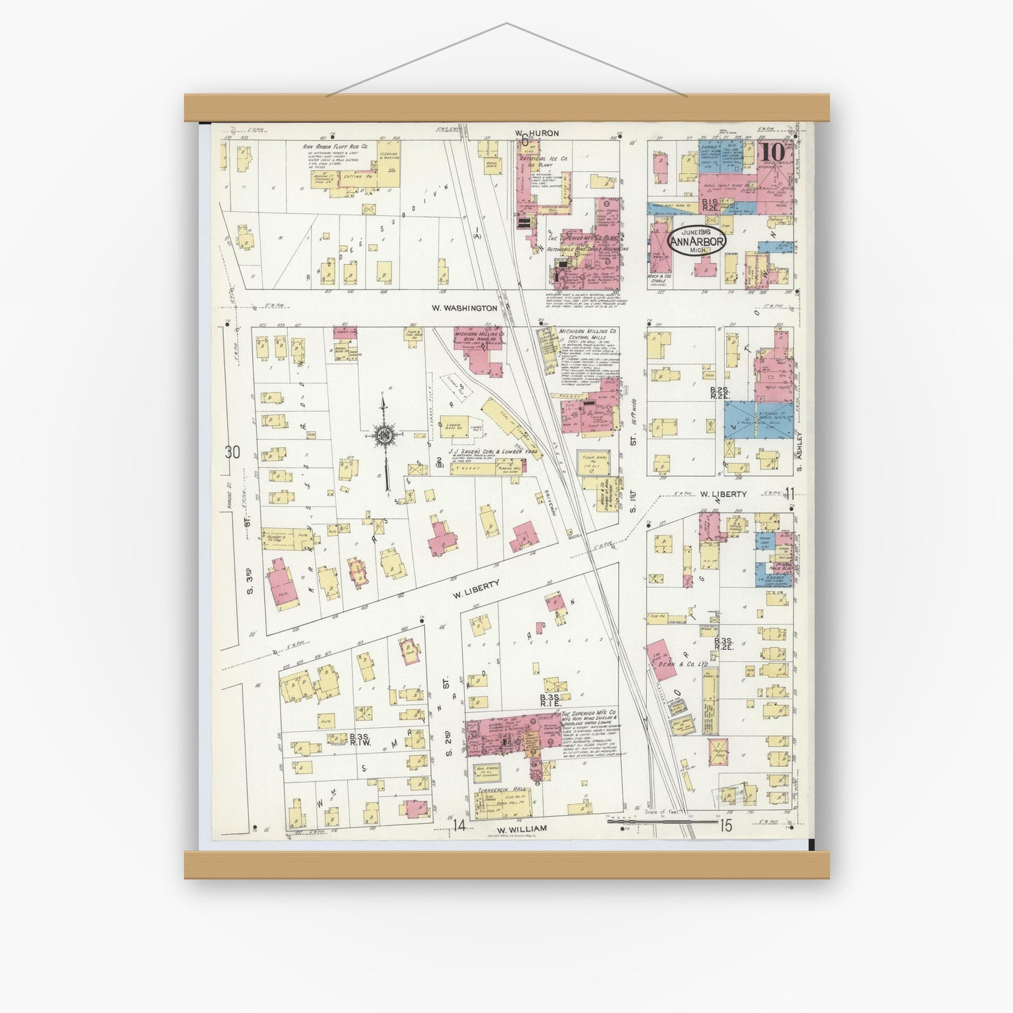 Old map wall art mockup — magnetic wood frame on white wall — Sanborn Fire Insurance Map from Ann Arbor, Washtenaw County, Michigan (1916), Sheet #0010