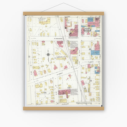 Old map wall art mockup — magnetic wood frame on white wall — Sanborn Fire Insurance Map from Ann Arbor, Washtenaw County, Michigan (1916), Sheet #0010