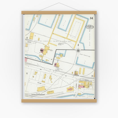 Old map wall art mockup — magnetic wood frame on white wall — Sanborn Fire Insurance Map from Traverse City, Grand Traverse County, Michigan (1904), Sheet #0014
