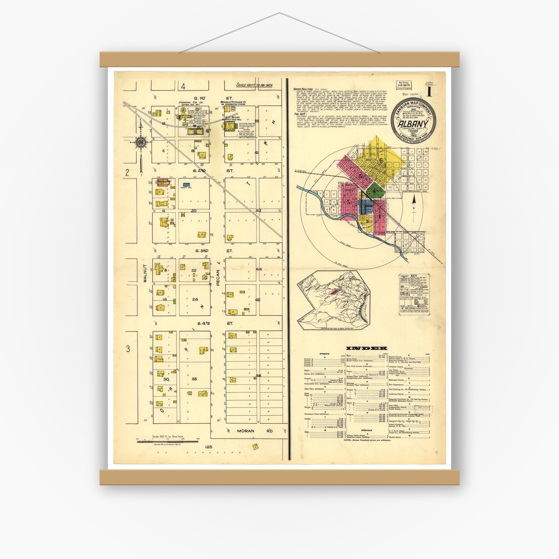Old map wall art mockup — magnetic wood frame on white wall — Sanborn Fire Insurance Map from Albany, Shackelford County, Texas (1922), Sheet #0001
