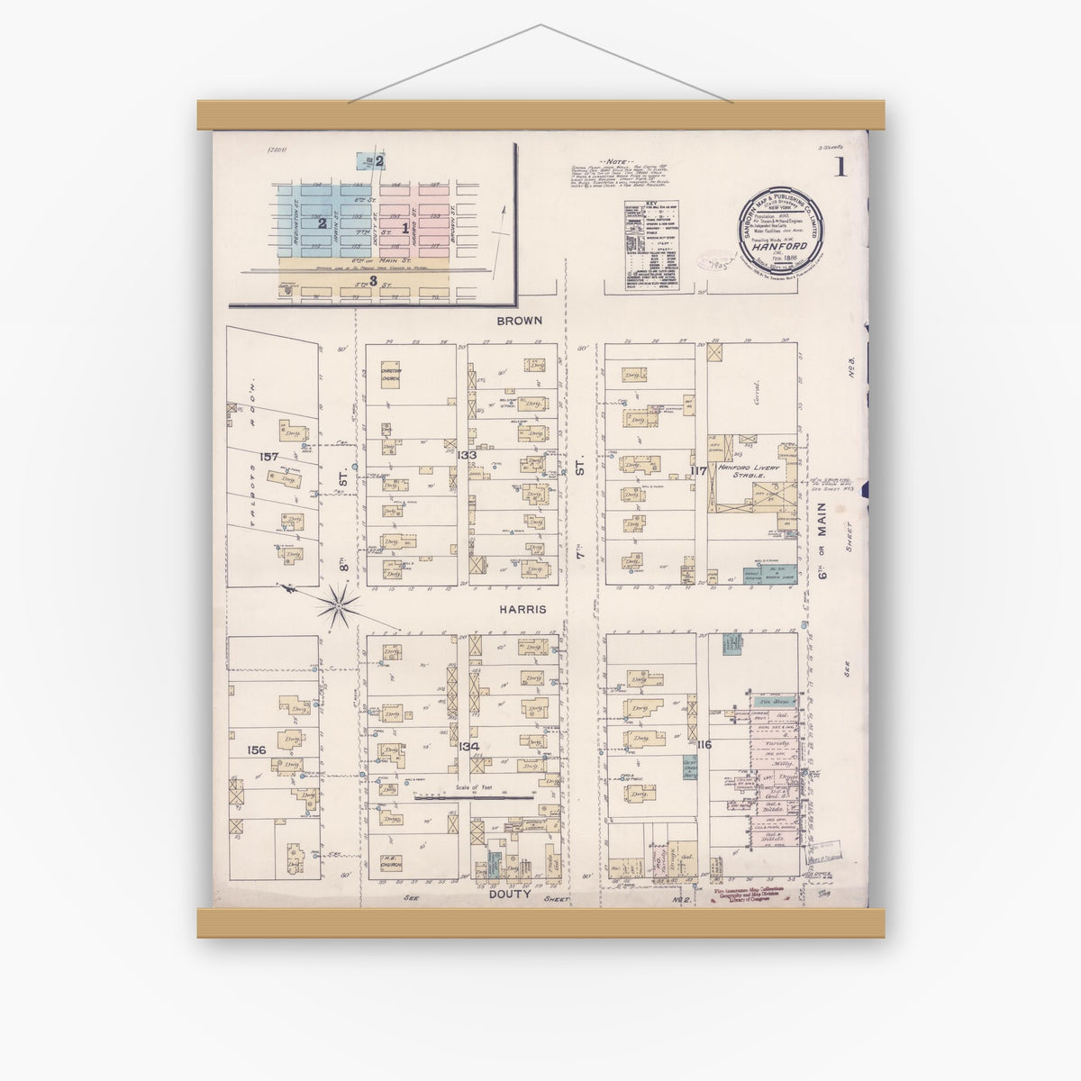 Old map wall art mockup — magnetic wood frame on white wall — Sanborn Fire Insurance Map from Hanford, Kings County, California (1888) - Complete Map Set