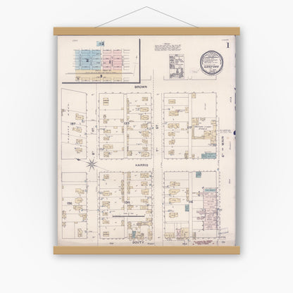 Old map wall art mockup — magnetic wood frame on white wall — Sanborn Fire Insurance Map from Hanford, Kings County, California (1888) - Complete Map Set