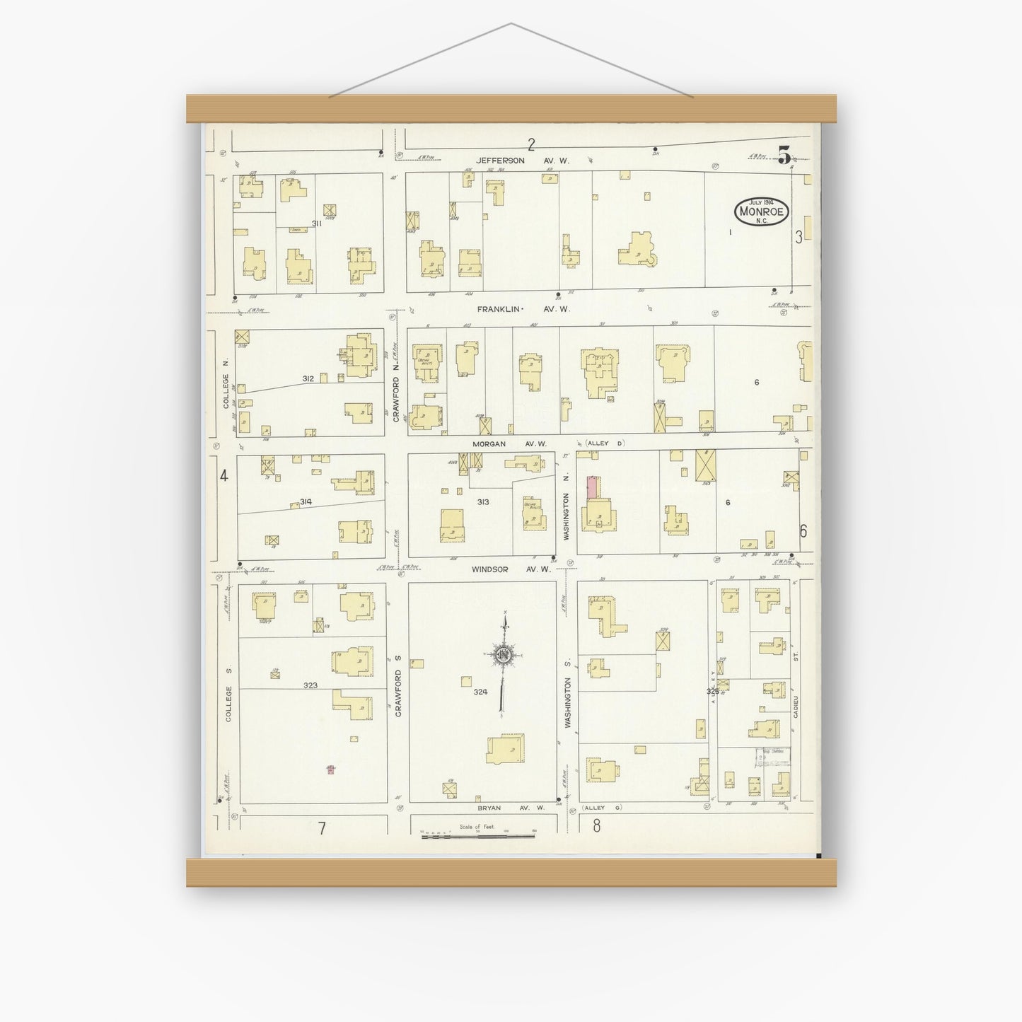 Old map wall art mockup — magnetic wood frame on white wall — Sanborn Fire Insurance Map from Monroe, Union County, North Carolina (1914), Sheet #0005