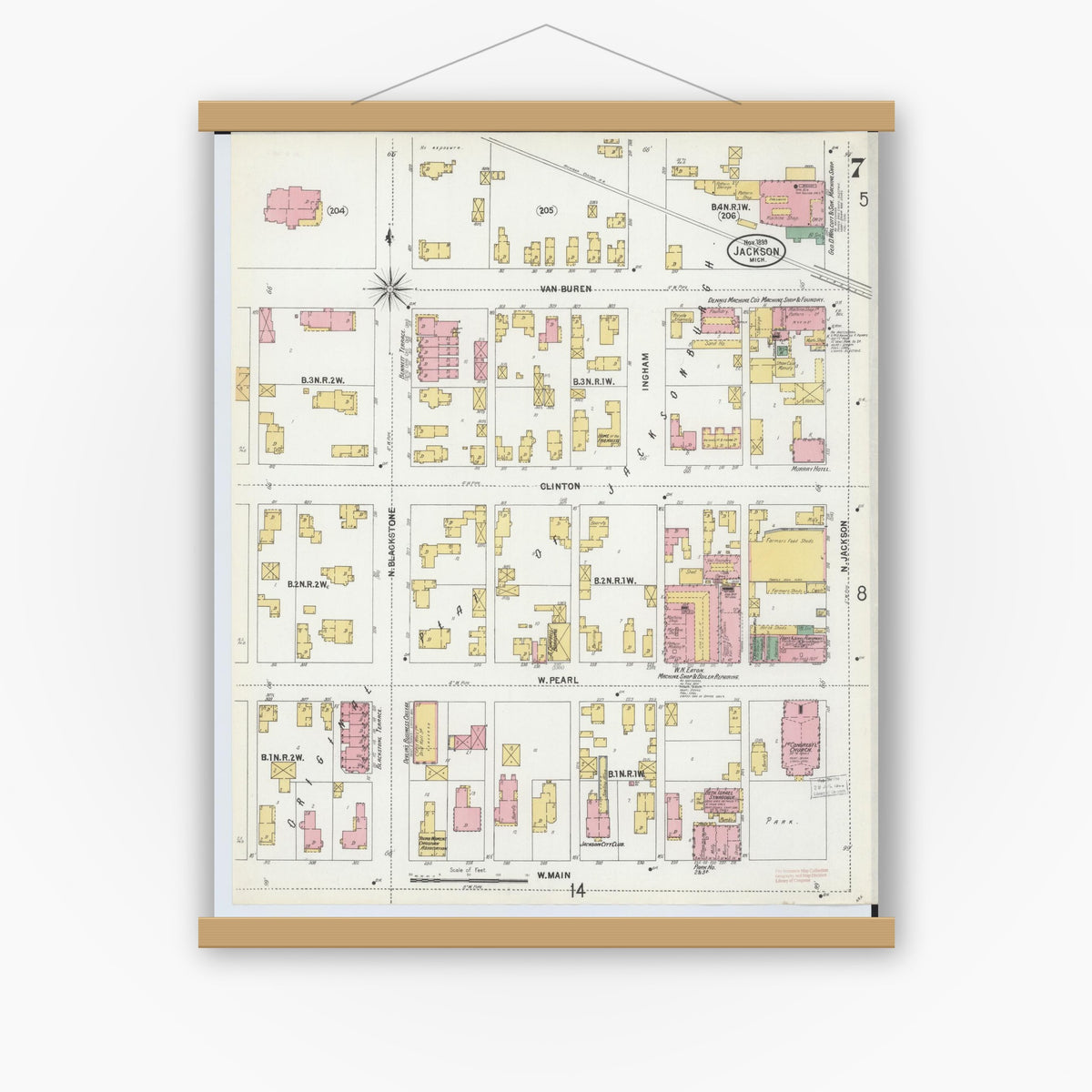 Old map wall art mockup — magnetic wood frame on white wall — Sanborn Fire Insurance Map from Jackson, Jackson County, Michigan (1899), Sheet #0007