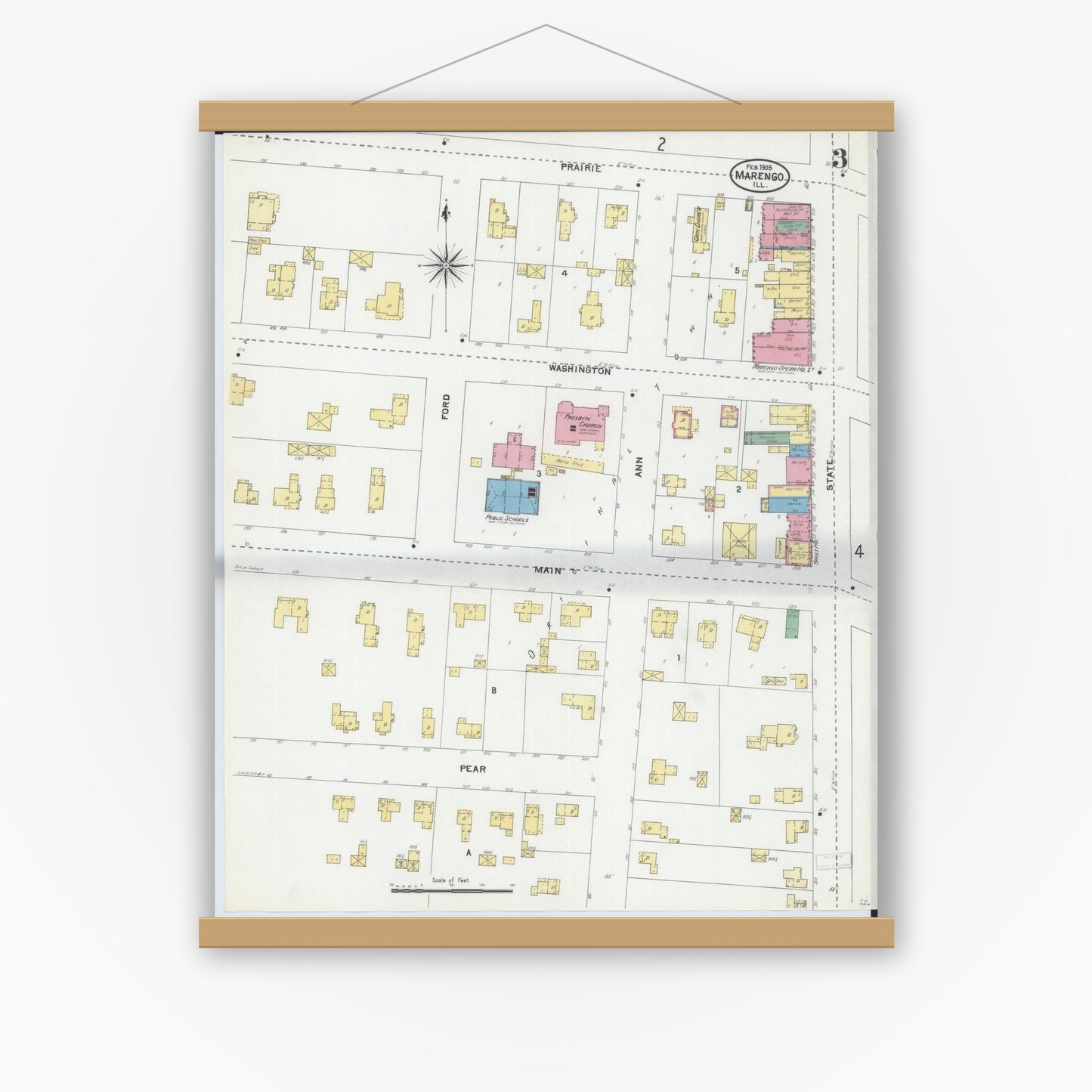 Old map wall art mockup — magnetic wood frame on white wall — Sanborn Fire Insurance Map from Marengo, McHenry County, Illinois (1905), Sheet #0003