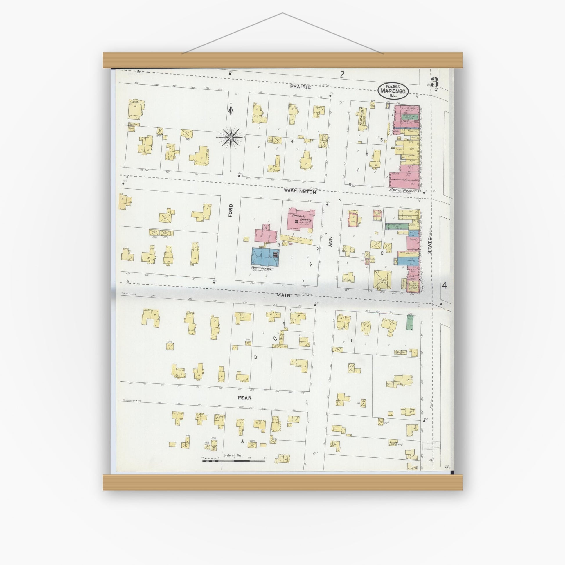 Old map wall art mockup — magnetic wood frame on white wall — Sanborn Fire Insurance Map from Marengo, McHenry County, Illinois (1905), Sheet #0003
