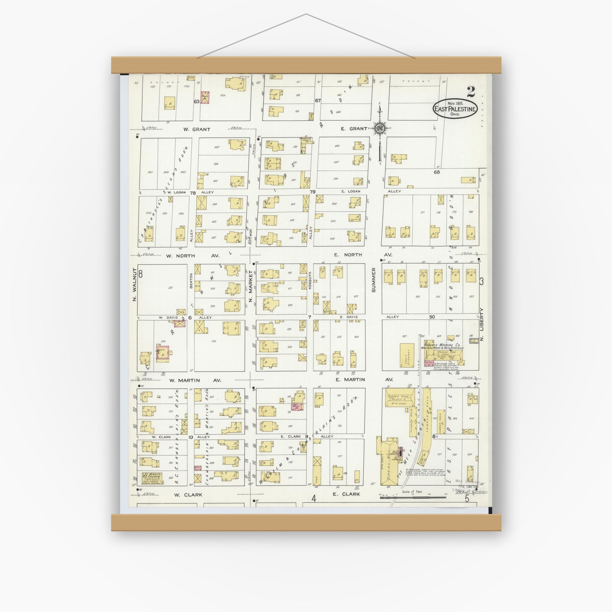 Old map wall art mockup — magnetic wood frame on white wall — Sanborn Fire Insurance Map from East Palestine, Columbiana County, Ohio (1915), Sheet #0002