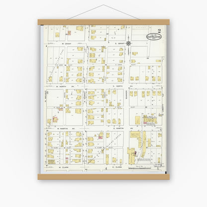 Old map wall art mockup — magnetic wood frame on white wall — Sanborn Fire Insurance Map from East Palestine, Columbiana County, Ohio (1915), Sheet #0002