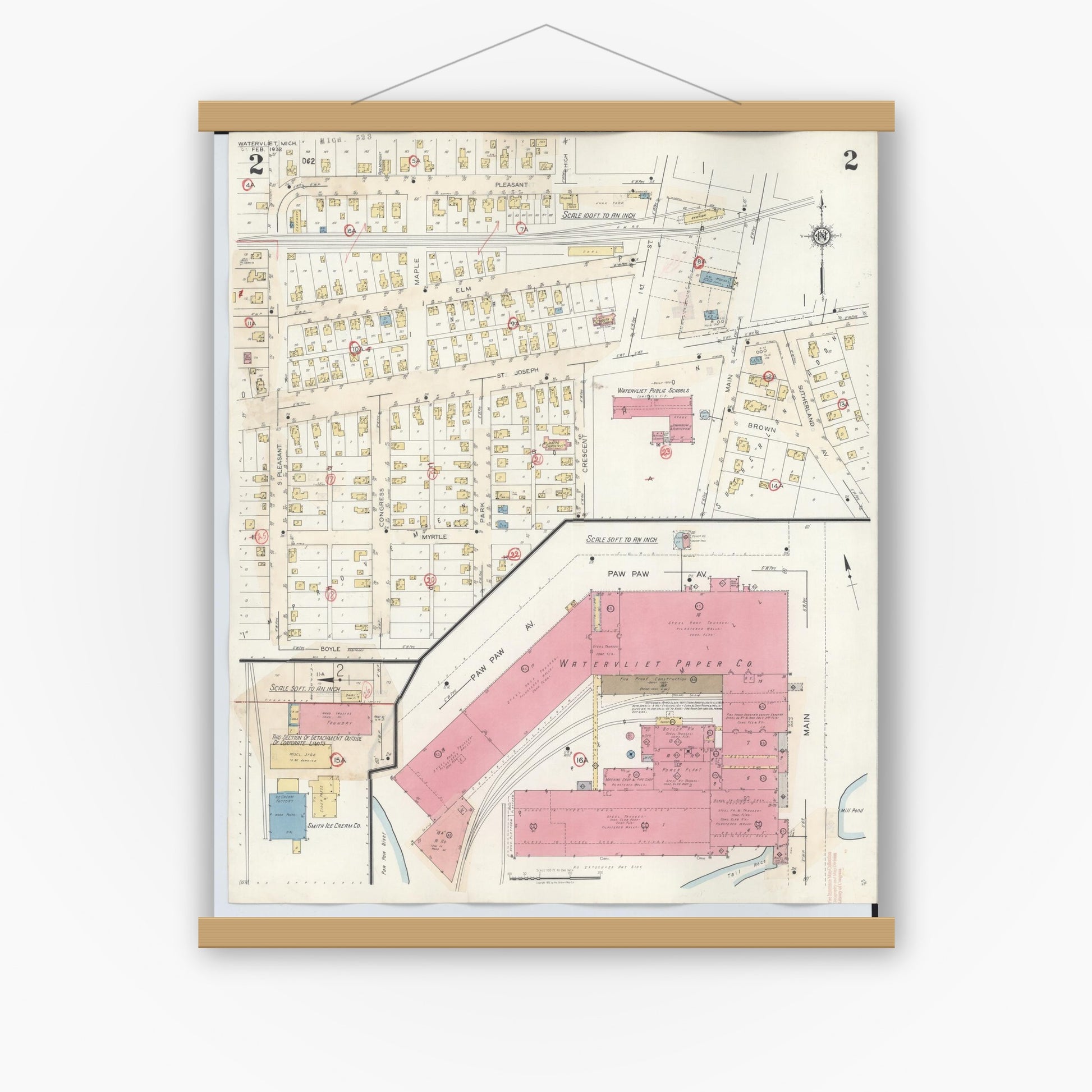 Old map wall art mockup — magnetic wood frame on white wall — Sanborn Fire Insurance Map from Watervliet, Berrien County, Michigan (1942), Sheet #0002