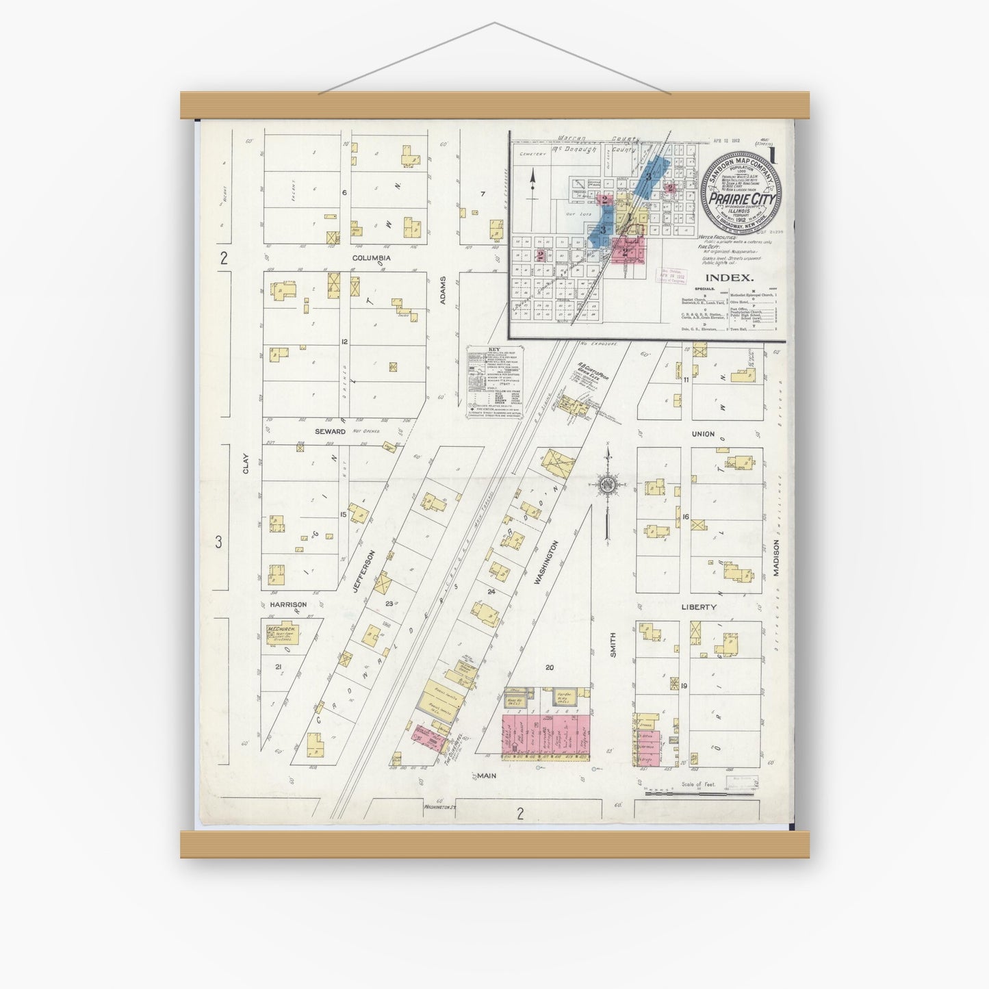 Old map wall art mockup — magnetic wood frame on white wall — Sanborn Fire Insurance Map from Prairie City, Mcdonough County, Illinois (1912), Sheet #0001