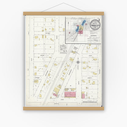 Old map wall art mockup — magnetic wood frame on white wall — Sanborn Fire Insurance Map from Prairie City, Mcdonough County, Illinois (1912), Sheet #0001