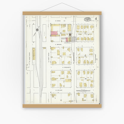 Old map wall art mockup — magnetic wood frame on white wall — Sanborn Fire Insurance Map from Ennis, Ellis County, Texas (1920), Sheet #0004