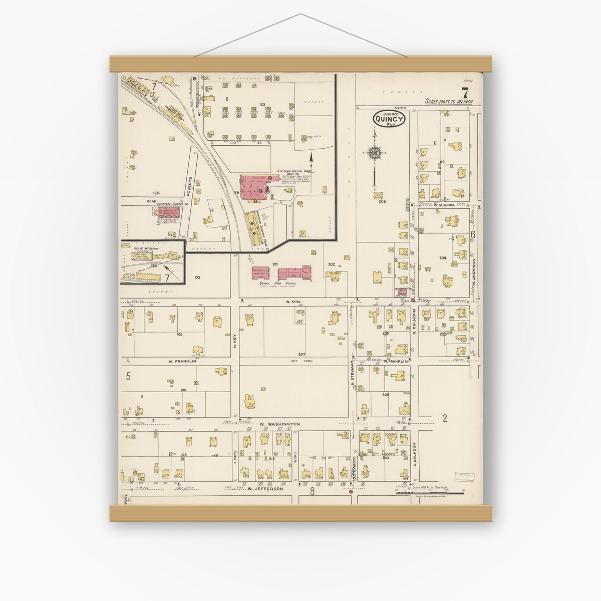 Old map wall art mockup — magnetic wood frame on white wall — Sanborn Fire Insurance Map from Quincy, Gadsden County, Florida (1922), Sheet #0007
