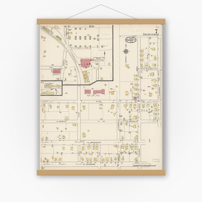 Old map wall art mockup — magnetic wood frame on white wall — Sanborn Fire Insurance Map from Quincy, Gadsden County, Florida (1922), Sheet #0007