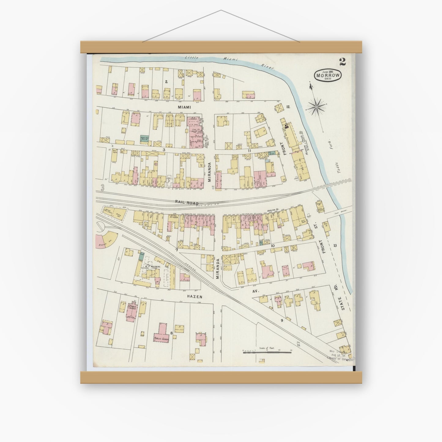 Old map wall art mockup — magnetic wood frame on white wall — Sanborn Fire Insurance Map from Morrow, Warren County, Ohio (1895), Sheet #0002
