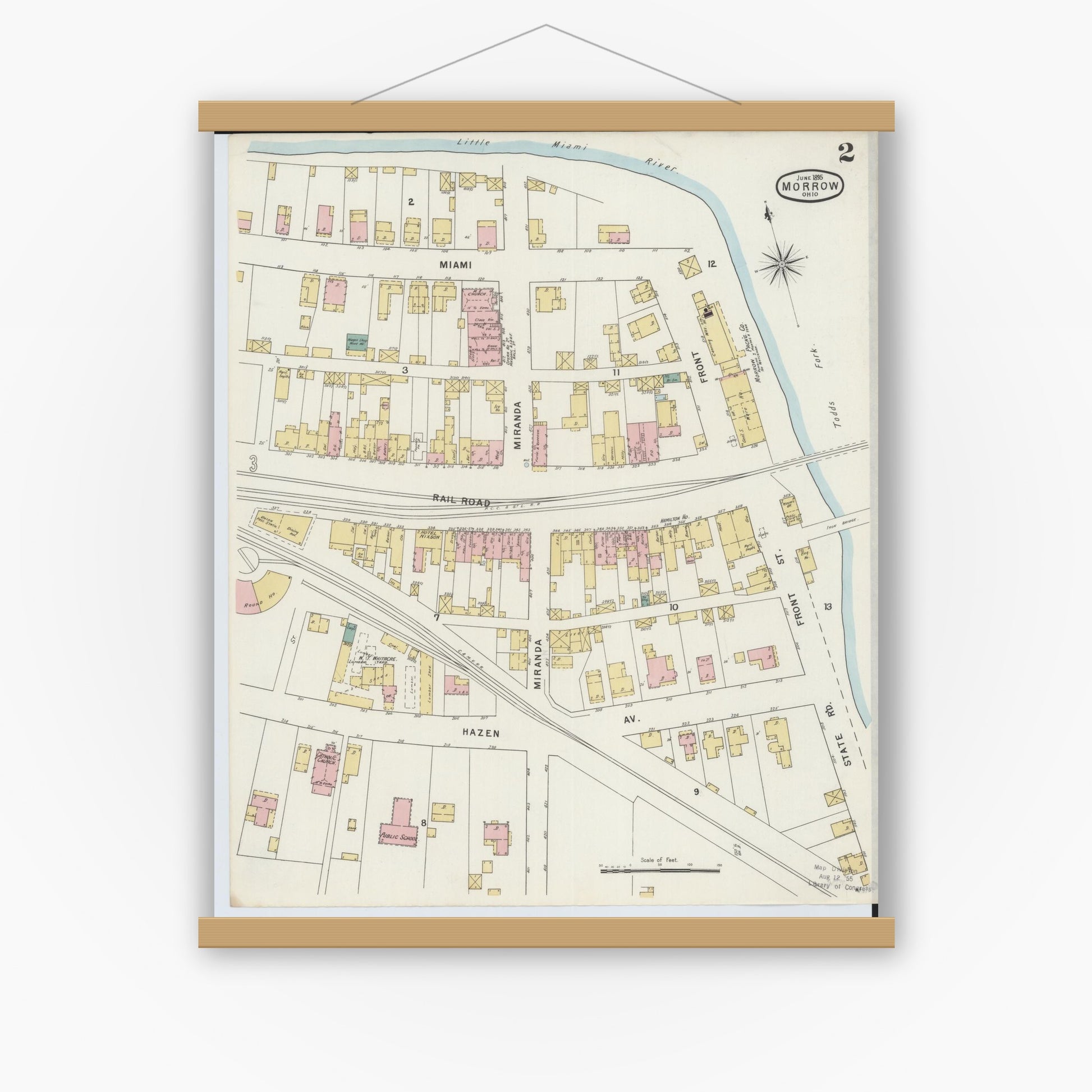 Old map wall art mockup — magnetic wood frame on white wall — Sanborn Fire Insurance Map from Morrow, Warren County, Ohio (1895), Sheet #0002