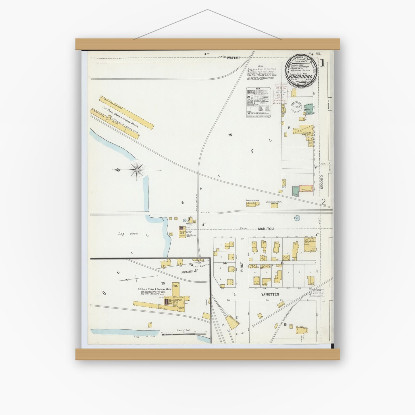 Old map wall art mockup — magnetic wood frame on white wall — Sanborn Fire Insurance Map from Pinconning, Bay County, Michigan (1900) - Complete Map Set