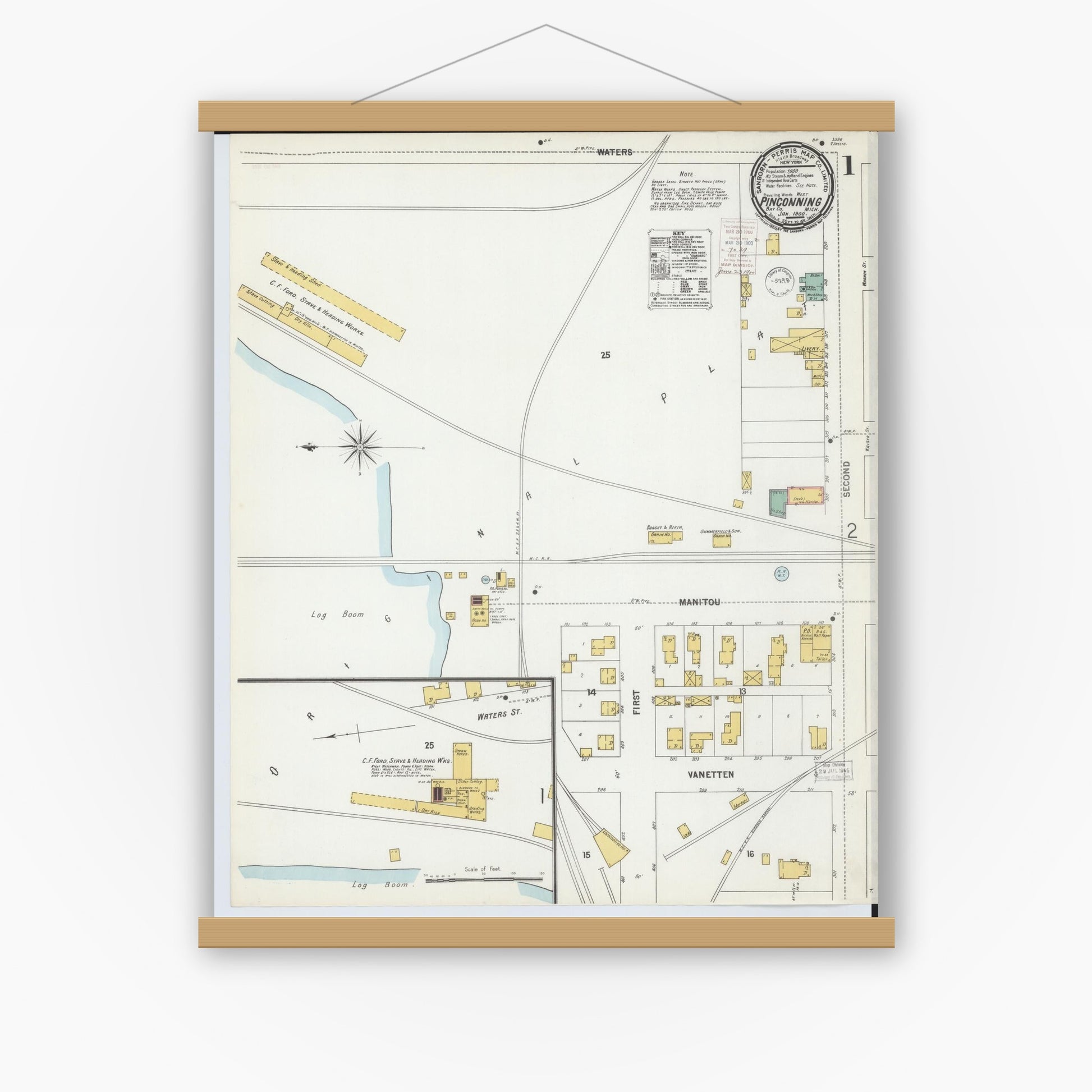 Old map wall art mockup — magnetic wood frame on white wall — Sanborn Fire Insurance Map from Pinconning, Bay County, Michigan (1900) - Complete Map Set