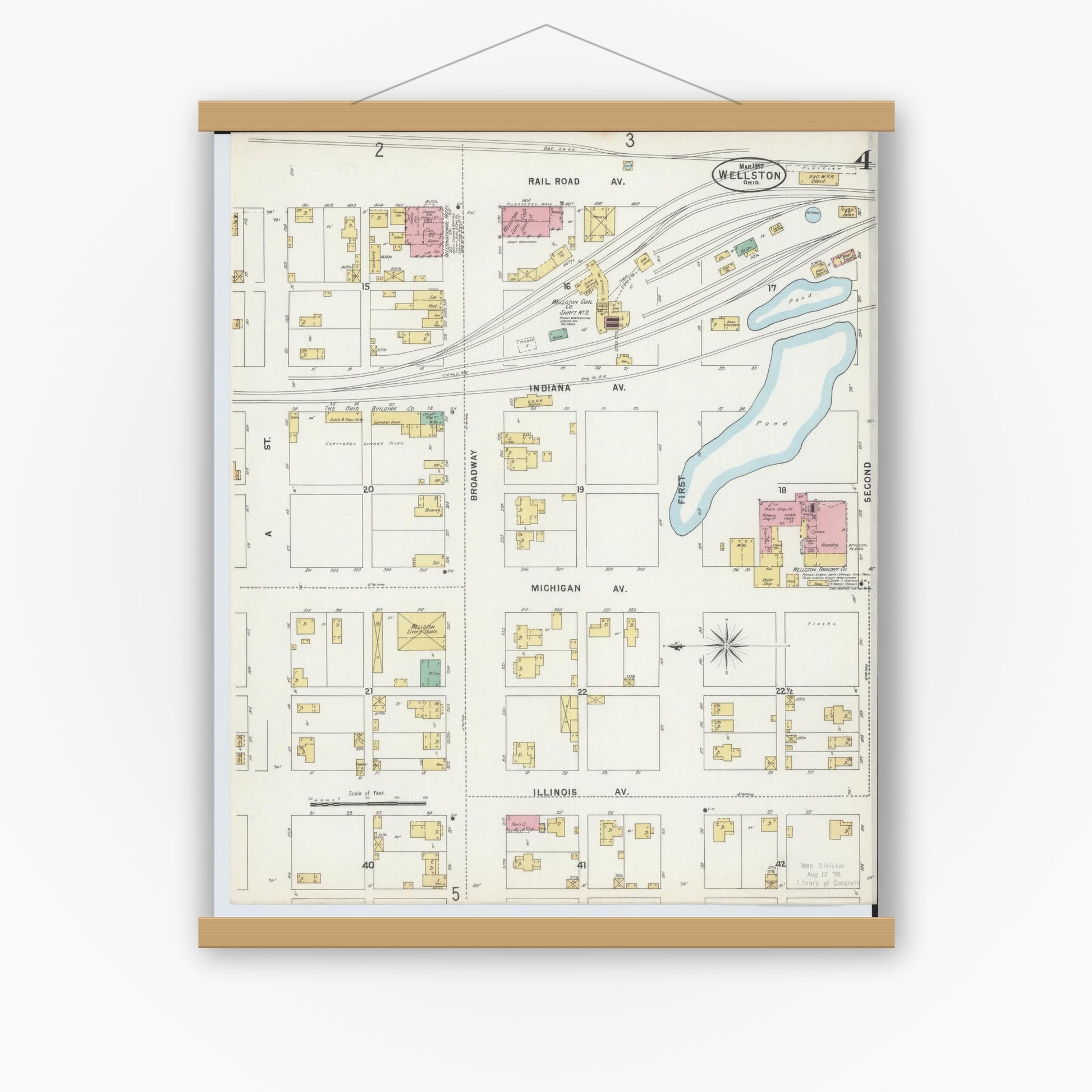 Old map wall art mockup — magnetic wood frame on white wall — Sanborn Fire Insurance Map from Wellston, Jackson County, Ohio (1897), Sheet #0004