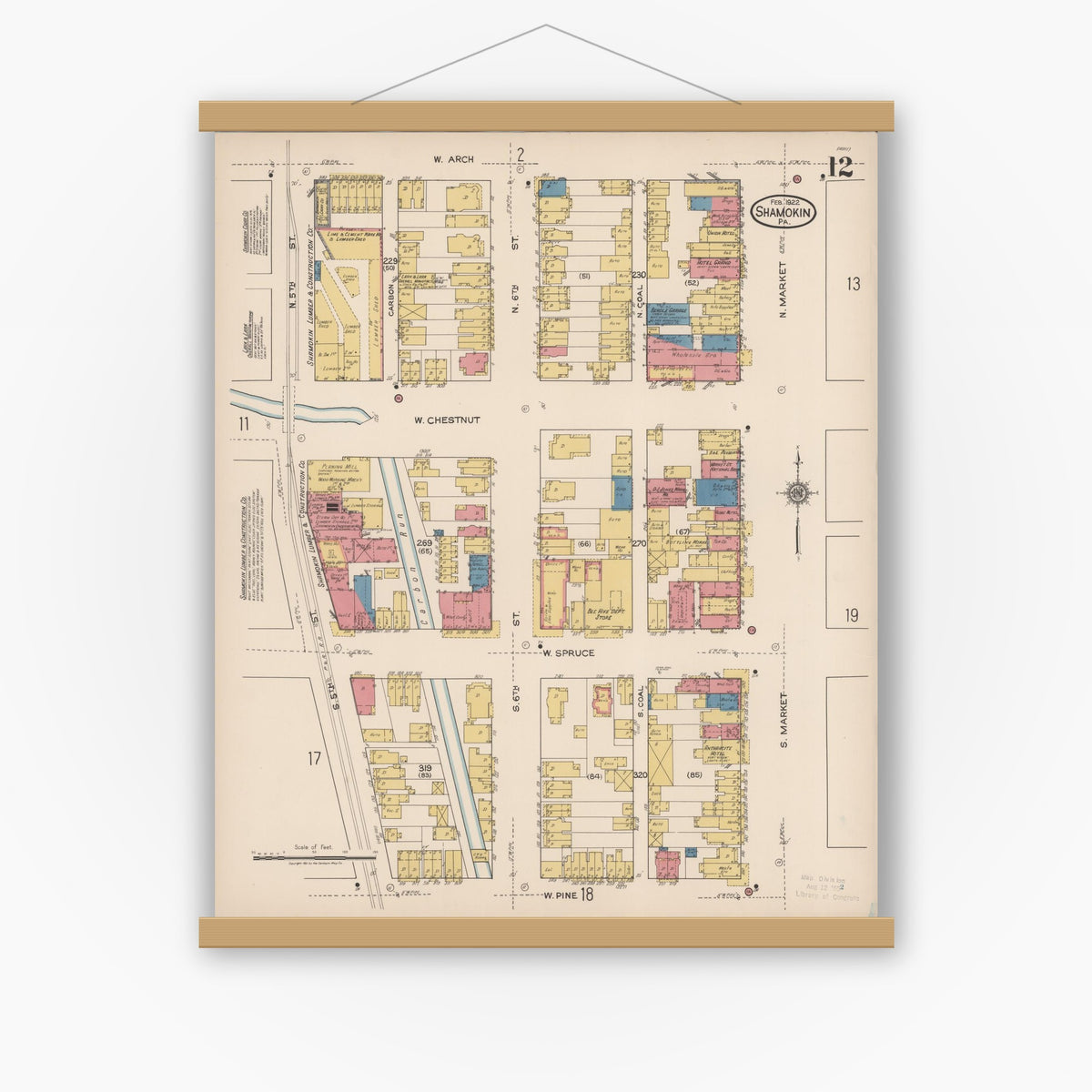 Old map wall art mockup — magnetic wood frame on white wall — Sanborn Fire Insurance Map from Shamokin, Northumberland County, Pennsylvania (1922), Sheet #0012