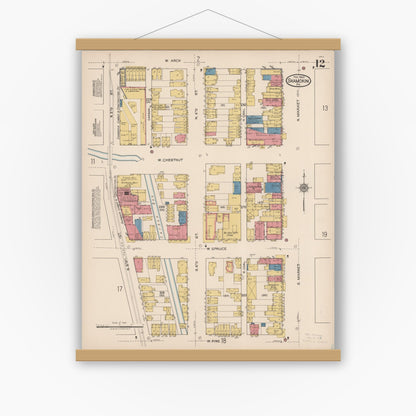 Old map wall art mockup — magnetic wood frame on white wall — Sanborn Fire Insurance Map from Shamokin, Northumberland County, Pennsylvania (1922), Sheet #0012