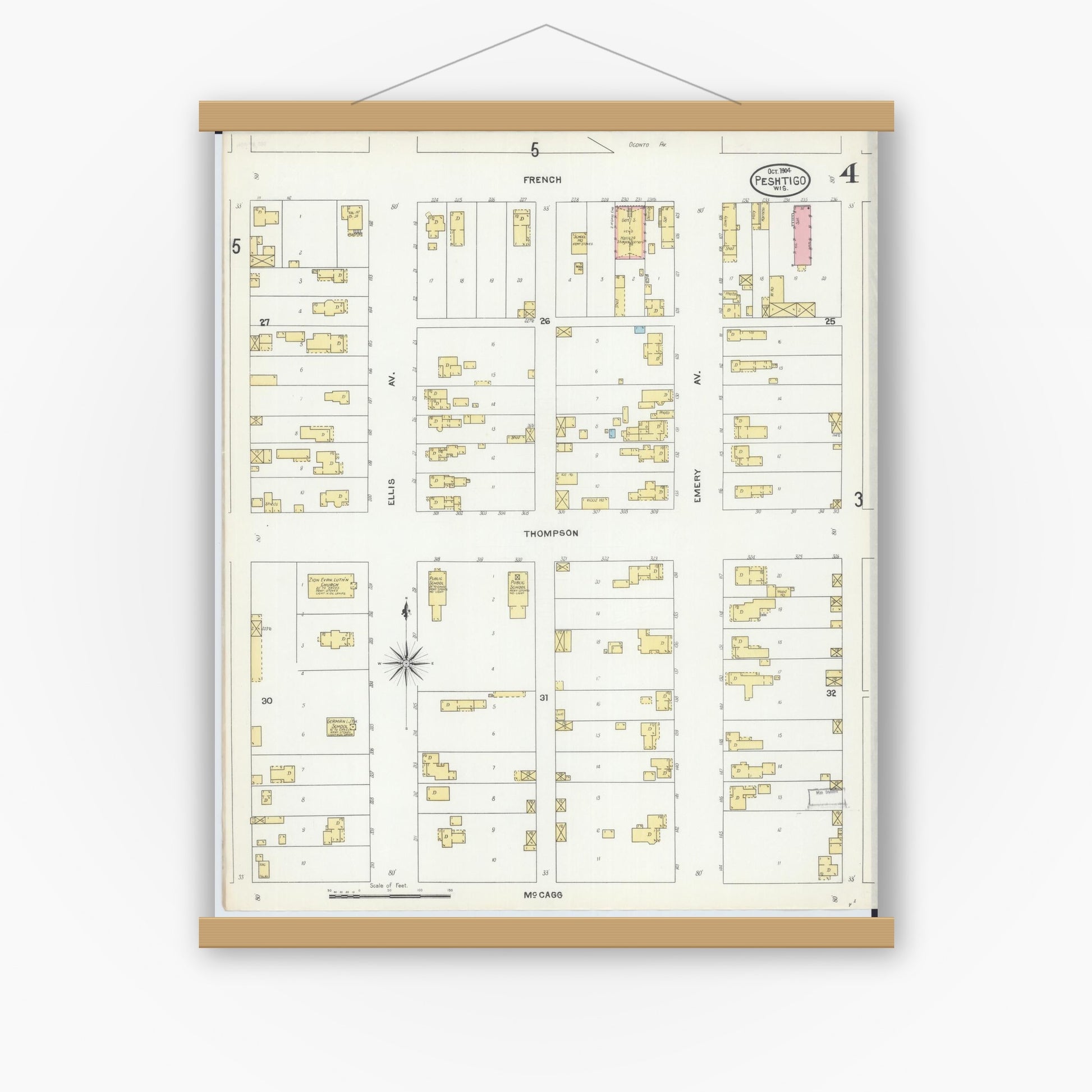 Old map wall art mockup — magnetic wood frame on white wall — Sanborn Fire Insurance Map from Peshtigo, Marinette County, Wisconsin (1904), Sheet #0004