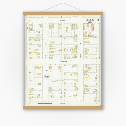 Old map wall art mockup — magnetic wood frame on white wall — Sanborn Fire Insurance Map from Peshtigo, Marinette County, Wisconsin (1904), Sheet #0004