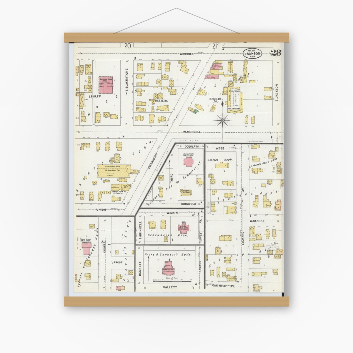 Old map wall art mockup — magnetic wood frame on white wall — Sanborn Fire Insurance Map from Jackson, Jackson County, Michigan (1899), Sheet #0028