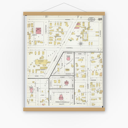 Old map wall art mockup — magnetic wood frame on white wall — Sanborn Fire Insurance Map from Jackson, Jackson County, Michigan (1899), Sheet #0028