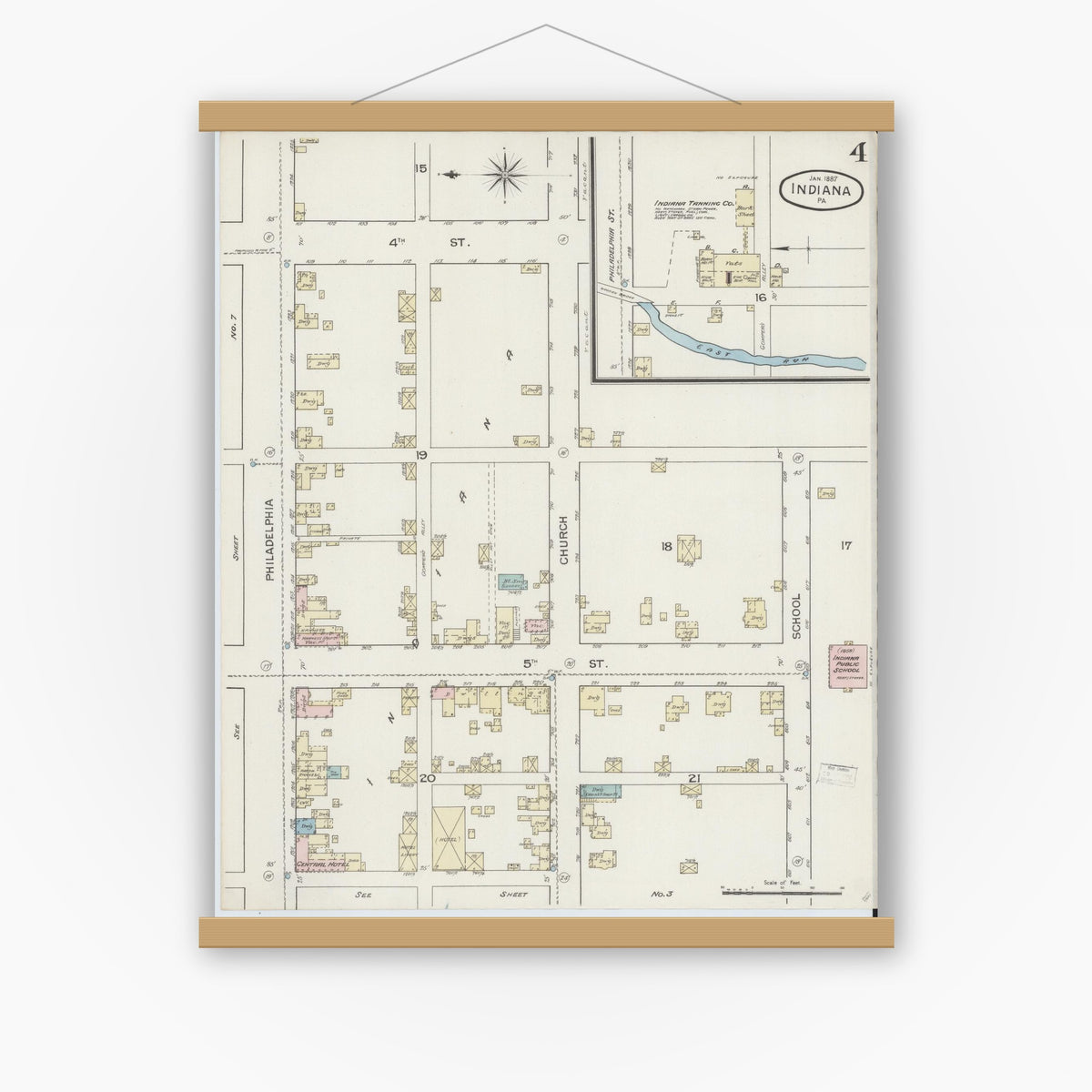 Old map wall art mockup — magnetic wood frame on white wall — Sanborn Fire Insurance Map from Indiana, Indiana County, Pennsylvania (1887), Sheet #0004