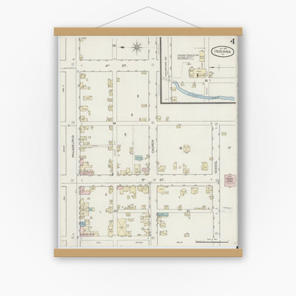 Old map wall art mockup — magnetic wood frame on white wall — Sanborn Fire Insurance Map from Indiana, Indiana County, Pennsylvania (1887), Sheet #0004