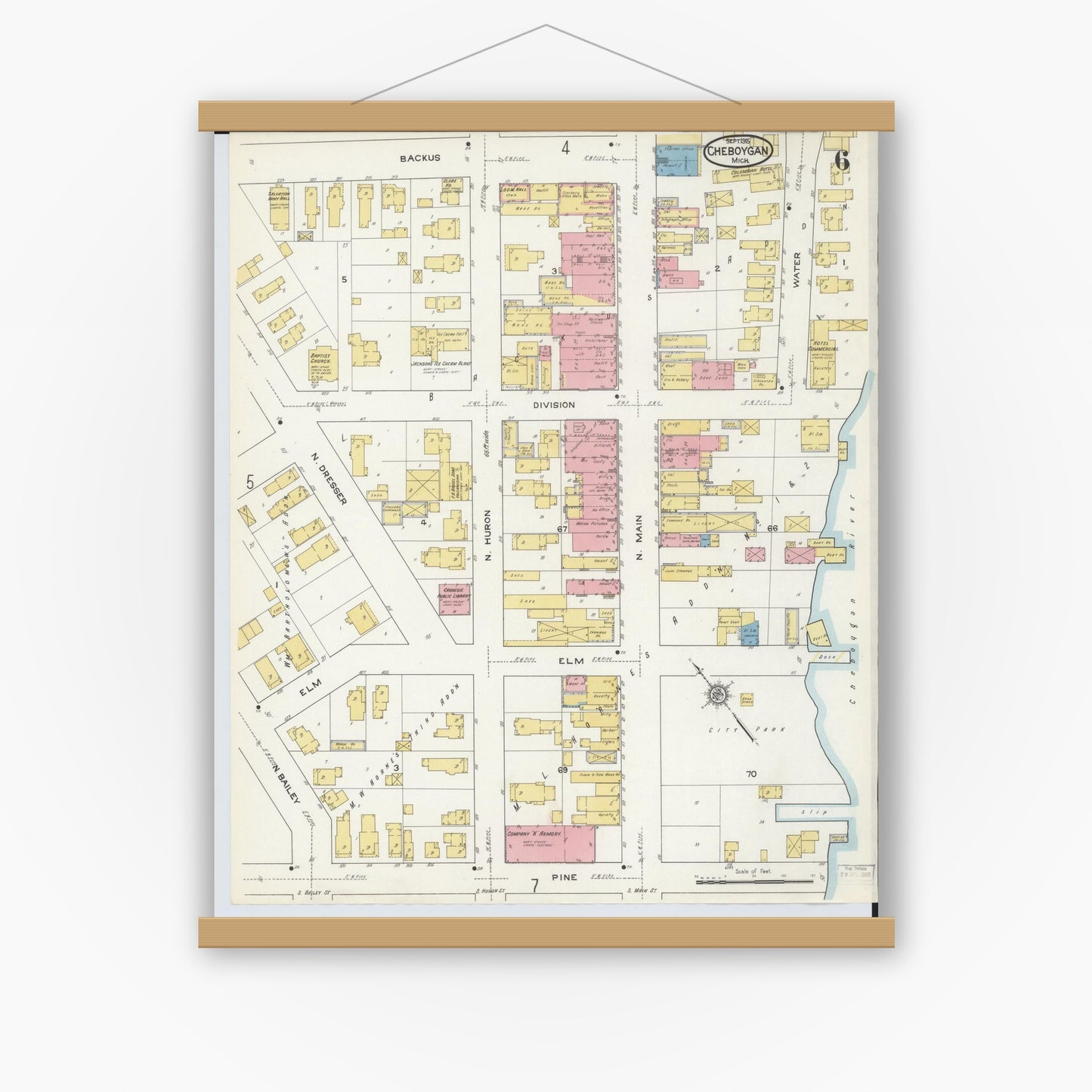 Old map wall art mockup — magnetic wood frame on white wall — Sanborn Fire Insurance Map from Cheboygan, Cheboygan County, Michigan (1915), Sheet #0006