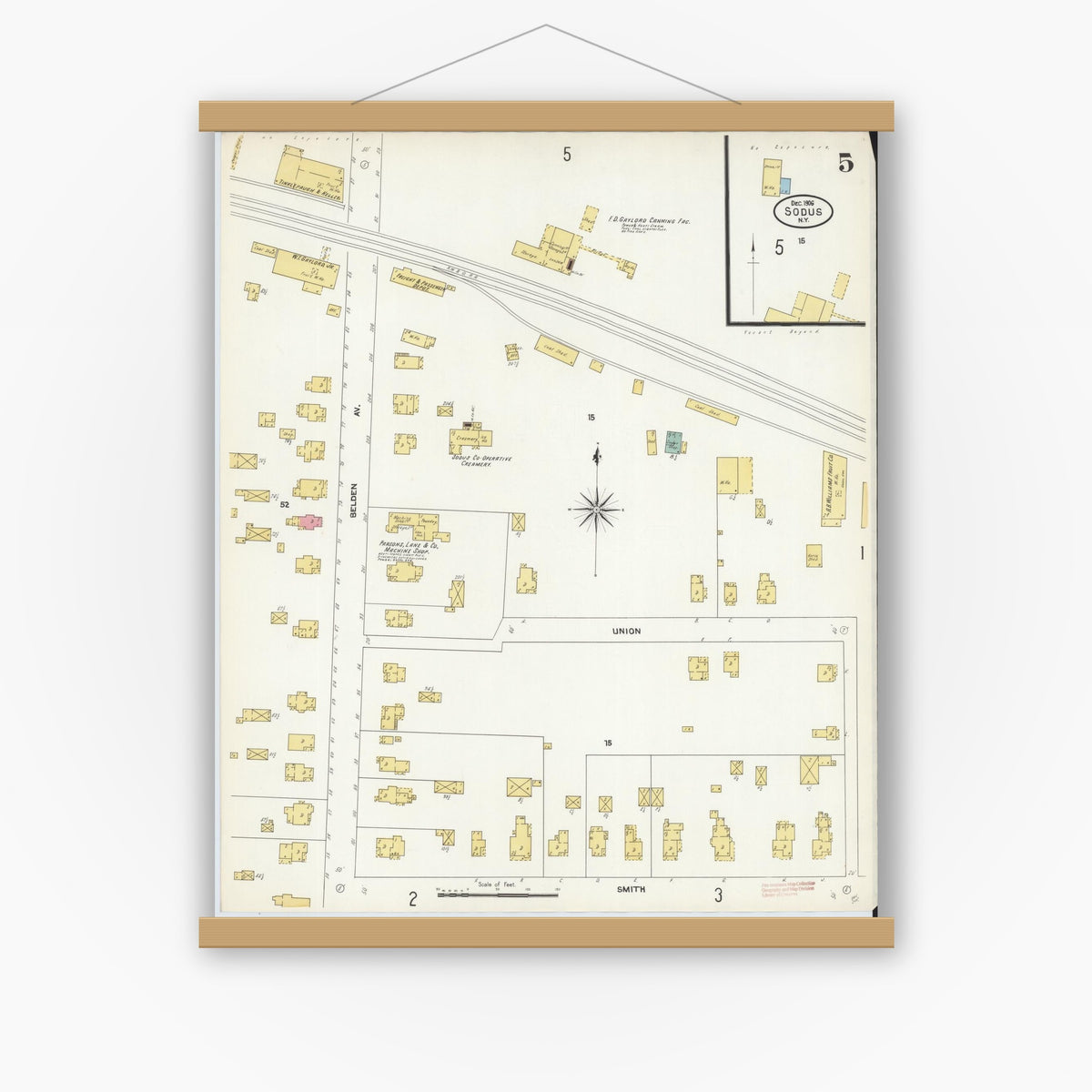 Old map wall art mockup — magnetic wood frame on white wall — Sanborn Fire Insurance Map from Sodus, Wayne County, New York (1906), Sheet #0005
