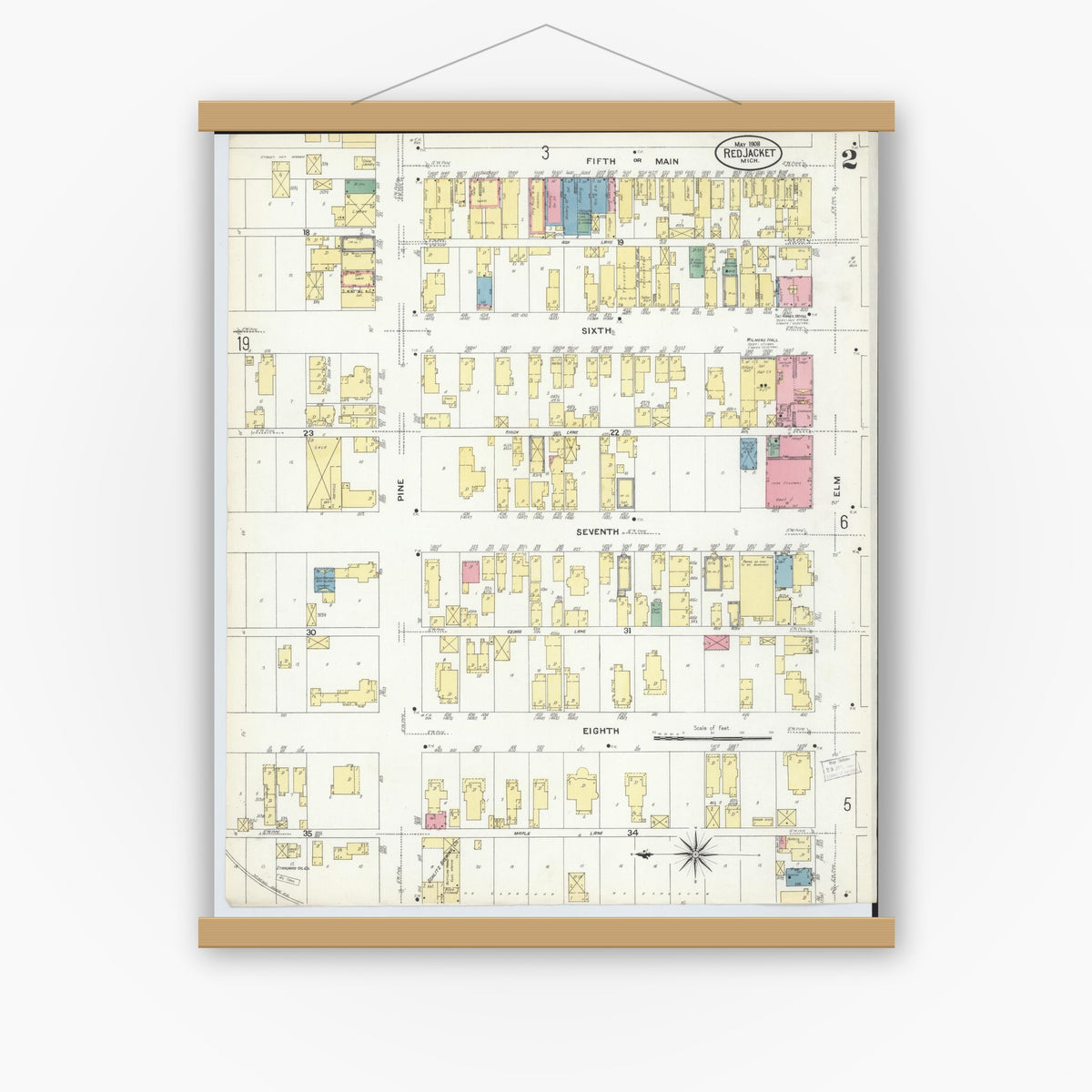 Old map wall art mockup — magnetic wood frame on white wall — Sanborn Fire Insurance Map from Red Jacket, Houghton County, Michigan (1908), Sheet #0002