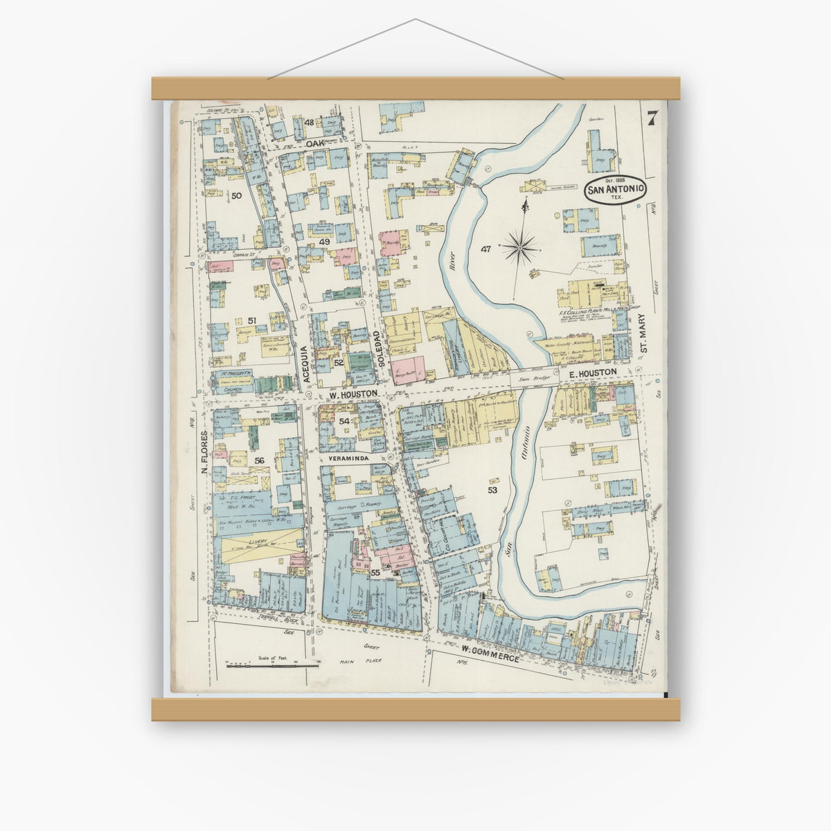 Old map wall art mockup — magnetic wood frame on white wall — Sanborn Fire Insurance Map from San Antonio, Bexar County, Texas (1888), Sheet #0007