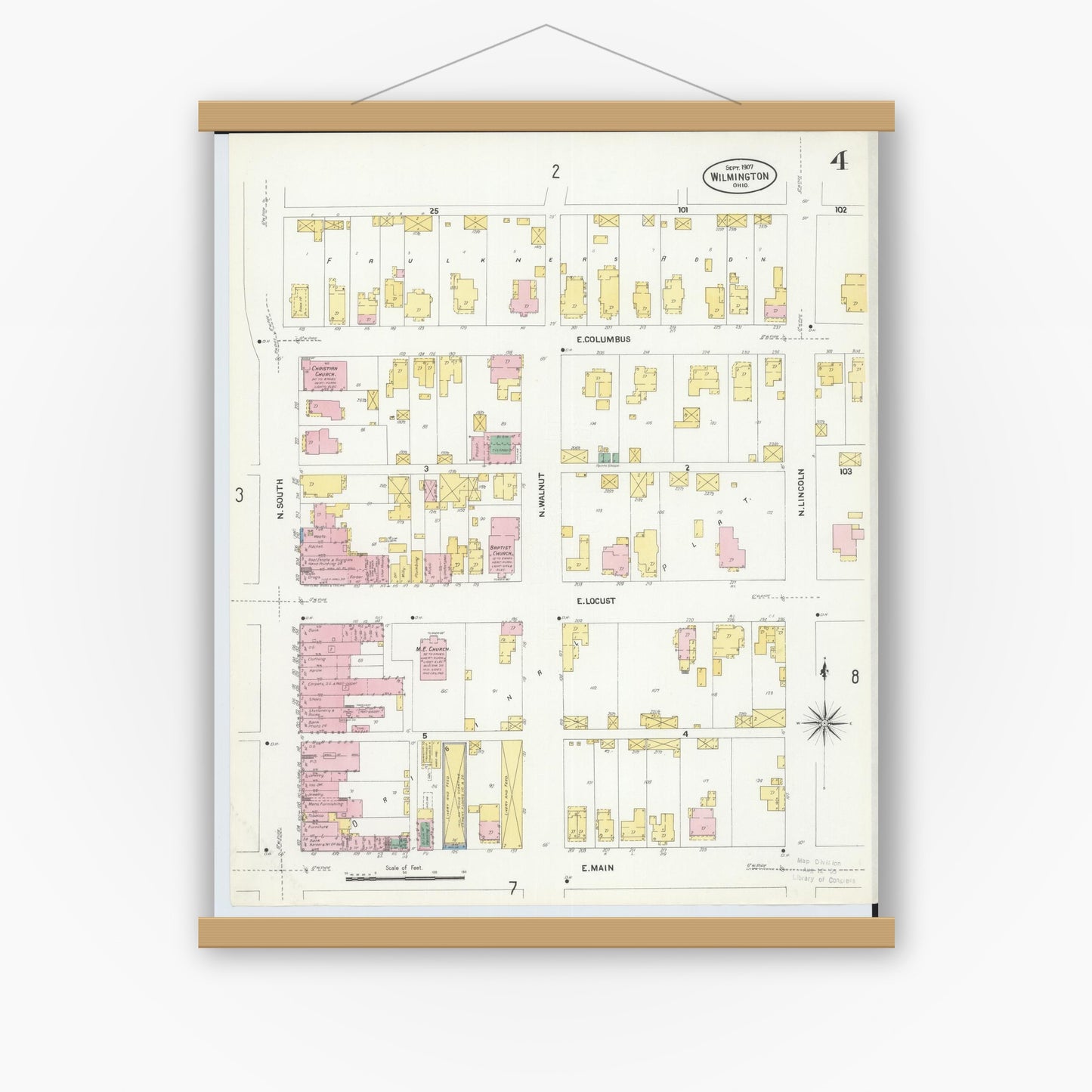 Old map wall art mockup — magnetic wood frame on white wall — Sanborn Fire Insurance Map from Wilmington, Clinton County, Ohio (1907), Sheet #0004