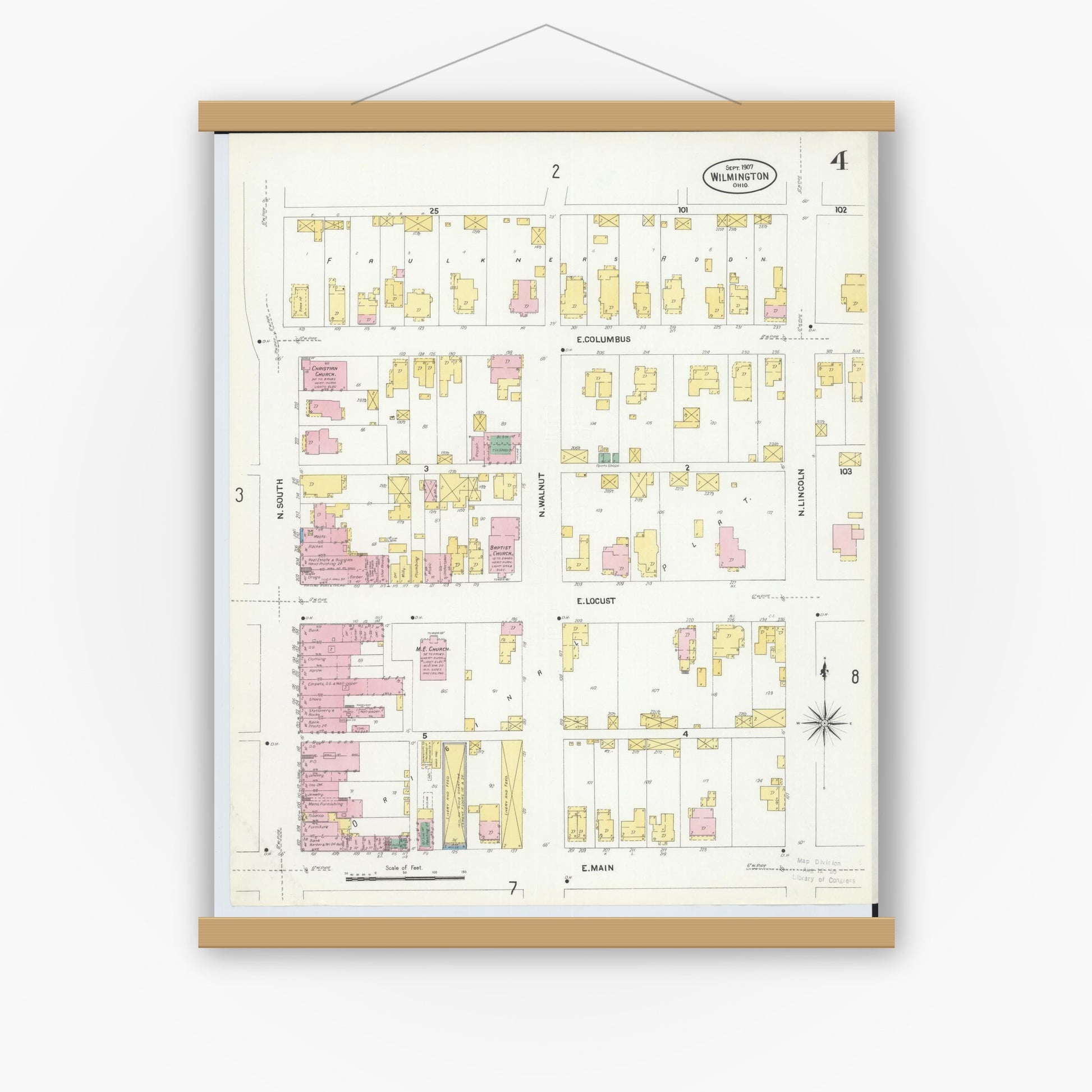 Old map wall art mockup — magnetic wood frame on white wall — Sanborn Fire Insurance Map from Wilmington, Clinton County, Ohio (1907), Sheet #0004
